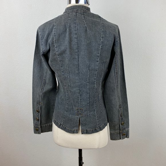 She's Cool Fitted Denim Jacket Pockets Mandarin Collar Button Front Dark Wash SM - Picture 6 of 11